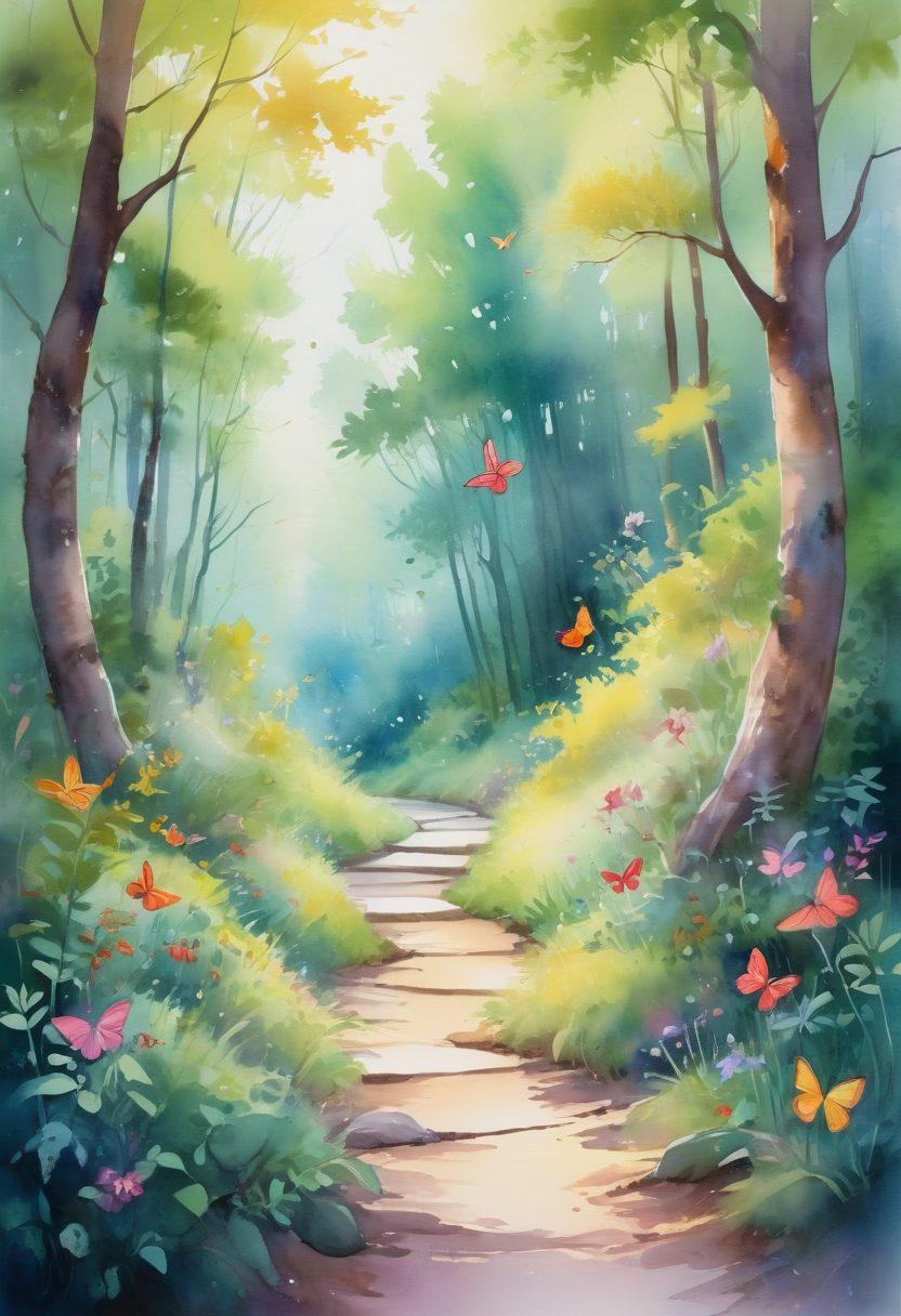 A serene landscape featuring a winding path through a vibrant forest, symbolizing the journey to sexual empowerment. Include diverse individuals engaging in mindfulness activities, like yoga and meditation, exuding confidence and joy. Soft, warm lighting enhances the intimate atmosphere, with subtle floral elements representing growth and wellness. Ethereal butterflies floating around add a sense of transformation and liberation. watercolor painting. vibrant colors.