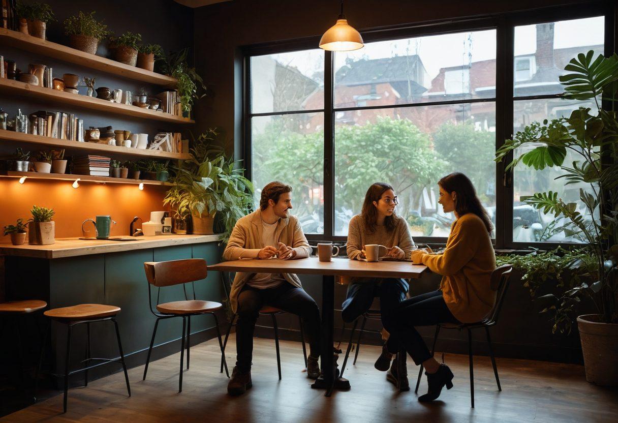 A warm, inviting scene of two diverse individuals sharing a heartfelt conversation in a cozy cafe, surrounded by soft lighting and plants. Include small, personal touches like a steaming cup of coffee and open books on the table, symbolizing genuine connection. The background should depict a vibrant yet serene atmosphere, evoking a sense of intimacy and openness. vibrant colors. cozy ambiance.