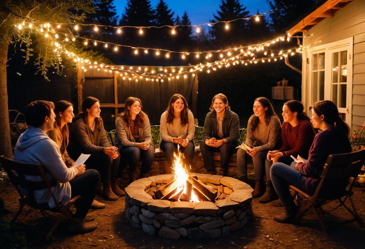 A warm, inviting scene of diverse adults engaged in meaningful conversations around a cozy outdoor fire, surrounded by twinkling fairy lights. Elements of hobbies and interests, like art supplies, musical instruments, and books, scattered about to symbolize shared passions. The atmosphere should exude connection and belonging, with smiles and laughter evident among the group. Soft, golden lighting to enhance the intimate feel. vibrant colors. painting.